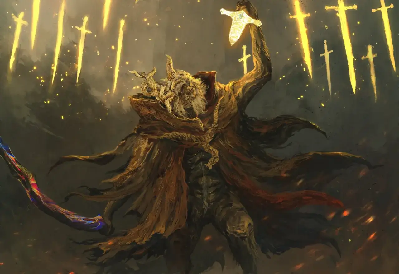 Un poderoso guerrero, uno de los personajes de Elden Ring, alza una espada brillante bajo una lluvia de espadas doradas.