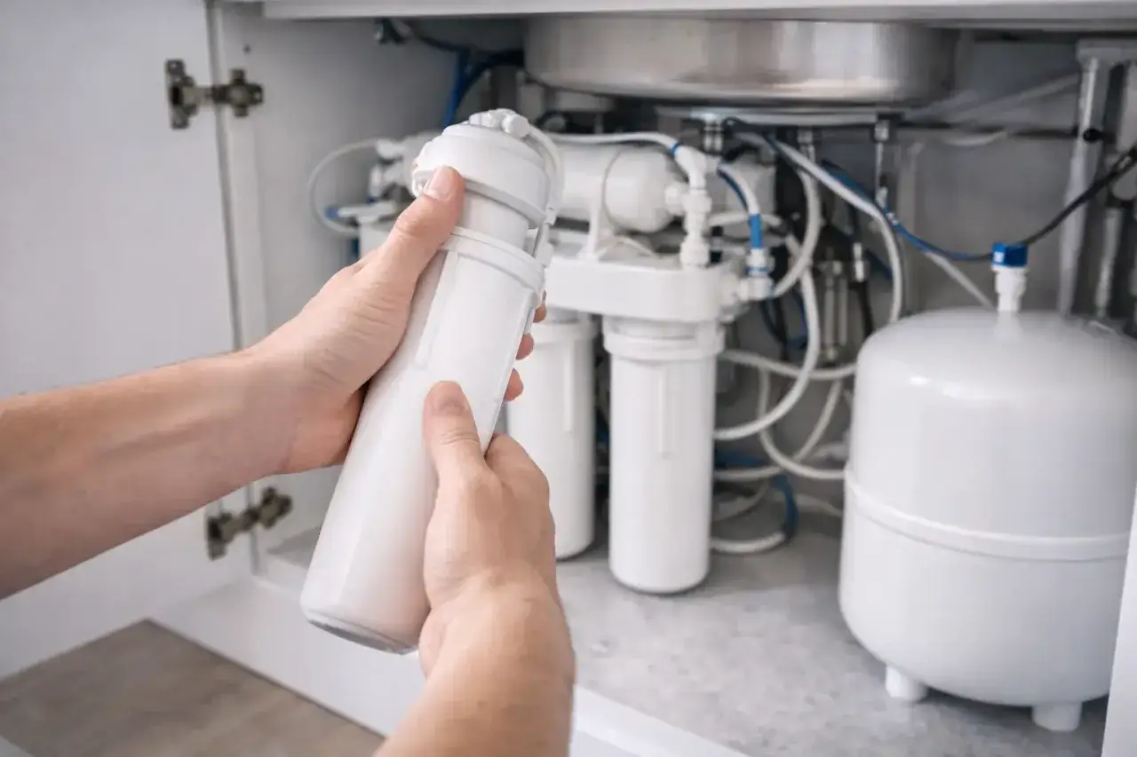 Maintenant, je vais vous montrer comment changer un filtre sur ce système de purification d'eau.