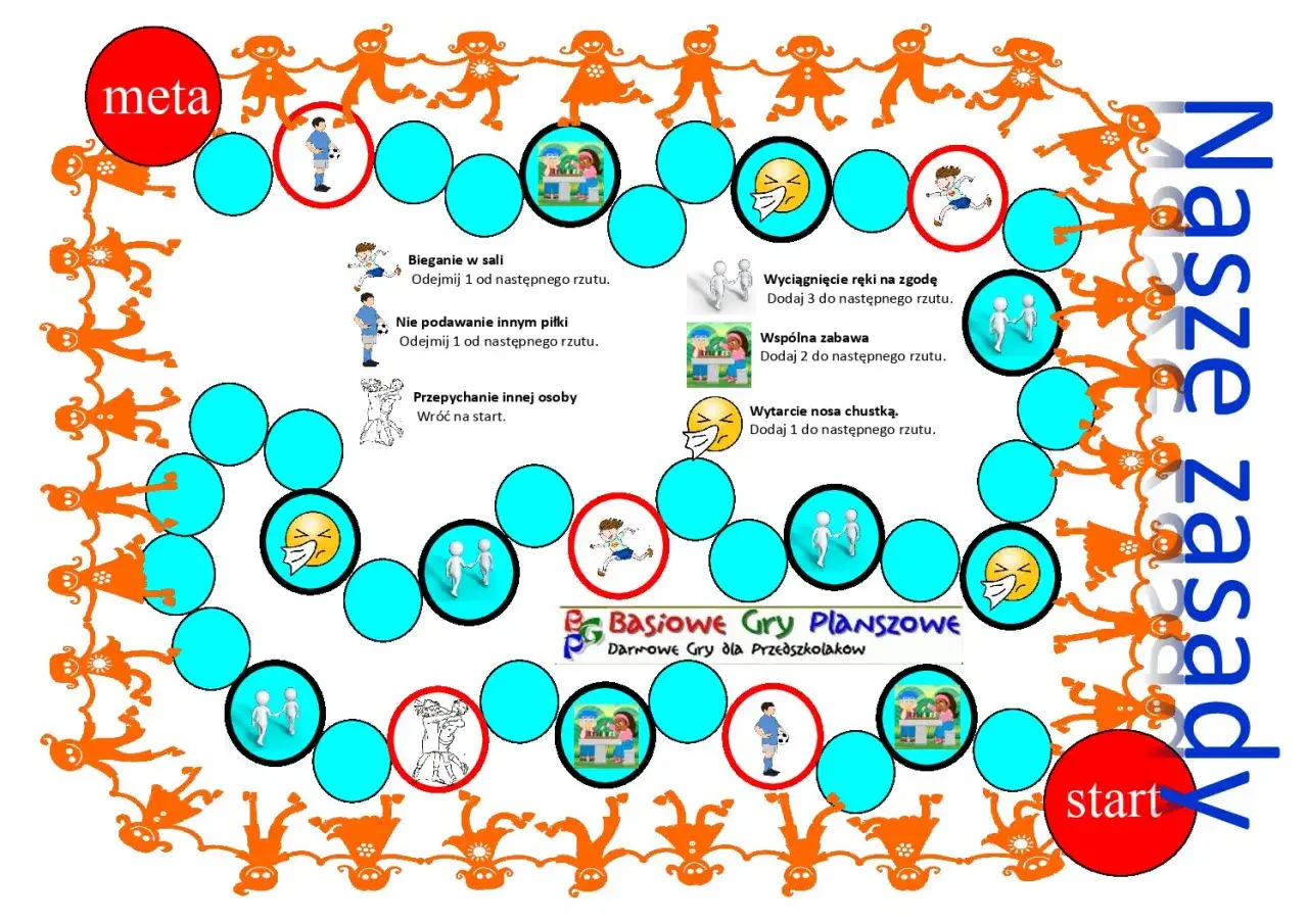 Plansza z zasadami gry, gdzie każdy gracz, ten czyli dycha, musi przestrzegać reguł, by dotrzeć do mety.