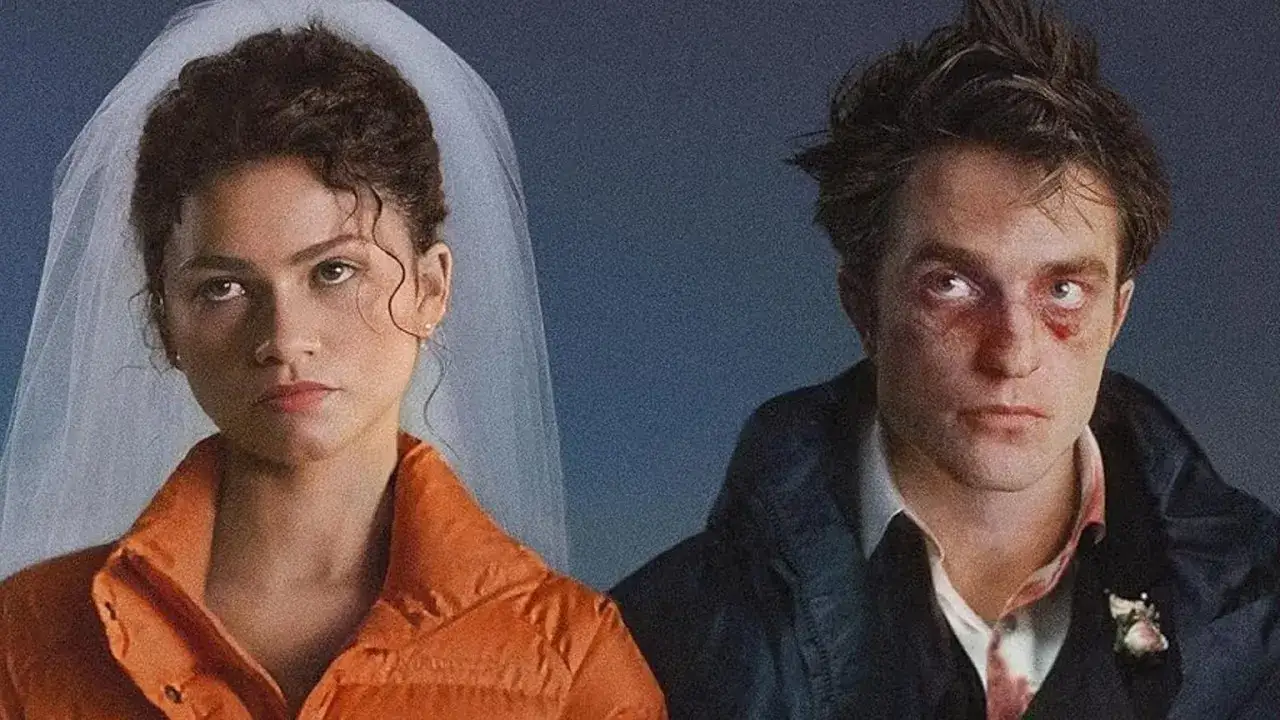 Zendaya con velo da sposa e Robert Pattinson con lividi, volti intensi in questo intenso drama film.