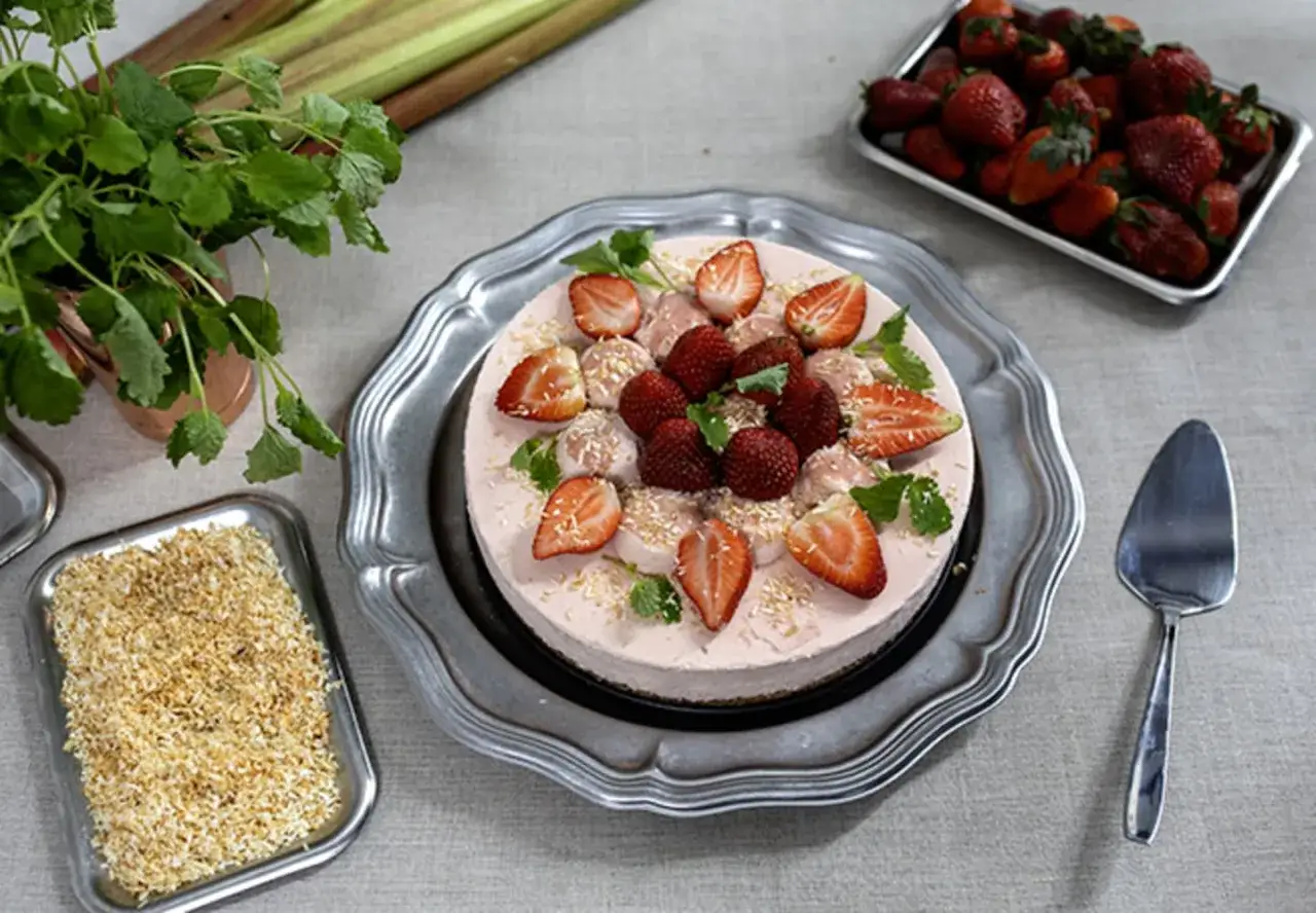 En vacker jordgubbs- och rabarbersylt-cheesecake, dekorerad med f&auml;rska jordgubbar och mynta. Ingredienser som rabarber, jordgubbar och rostad kokosflingor syns i n&auml;rheten.