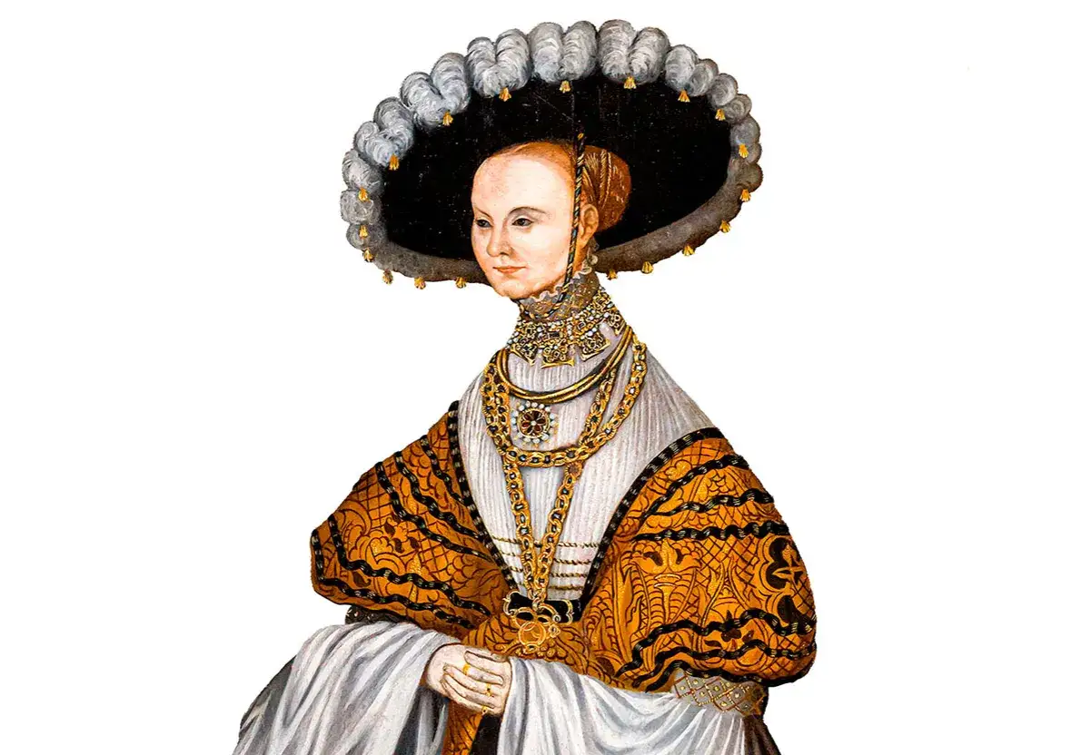 Porträtt av Margareta Eriksdotter (Vasa) i en stor hatt och guldfärgad dräkt med rikliga smycken.