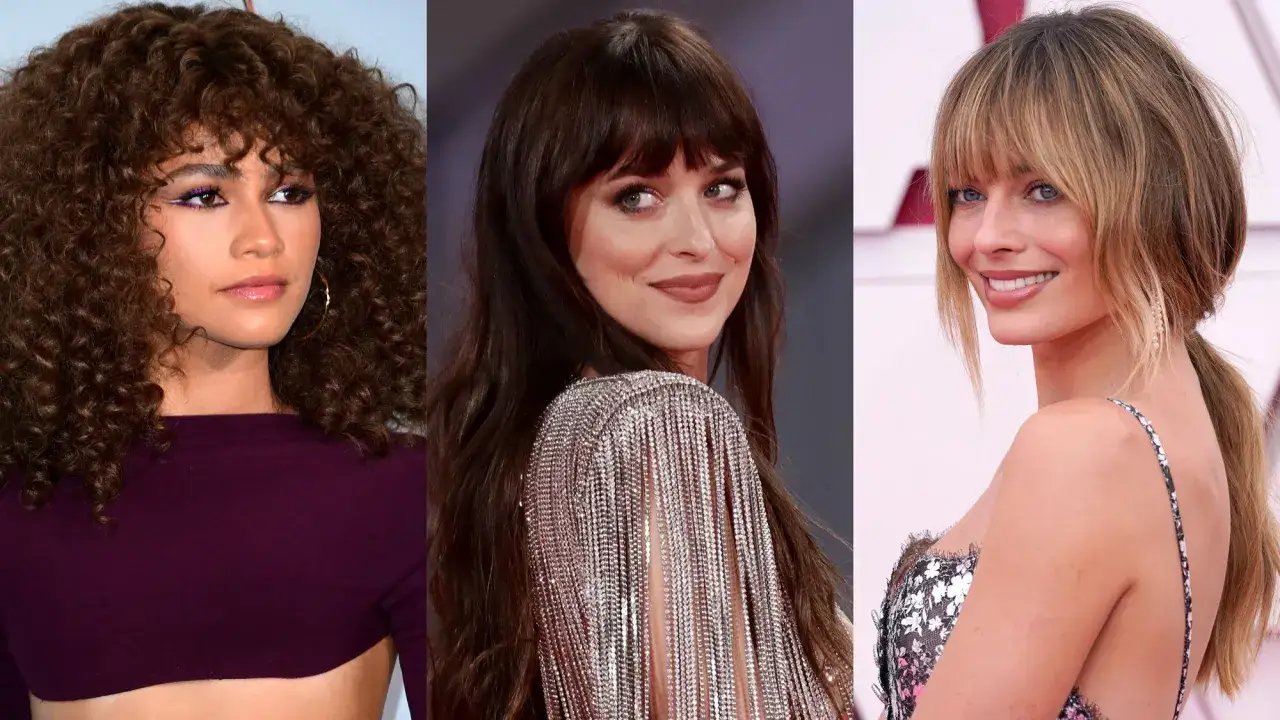 Trzy kobiety w stylizacjach z grzywką curtain bangs: Zendaya z burzą loków, Dakota Johnson w błyszczącej sukni i Margot Robbie z kucykiem.