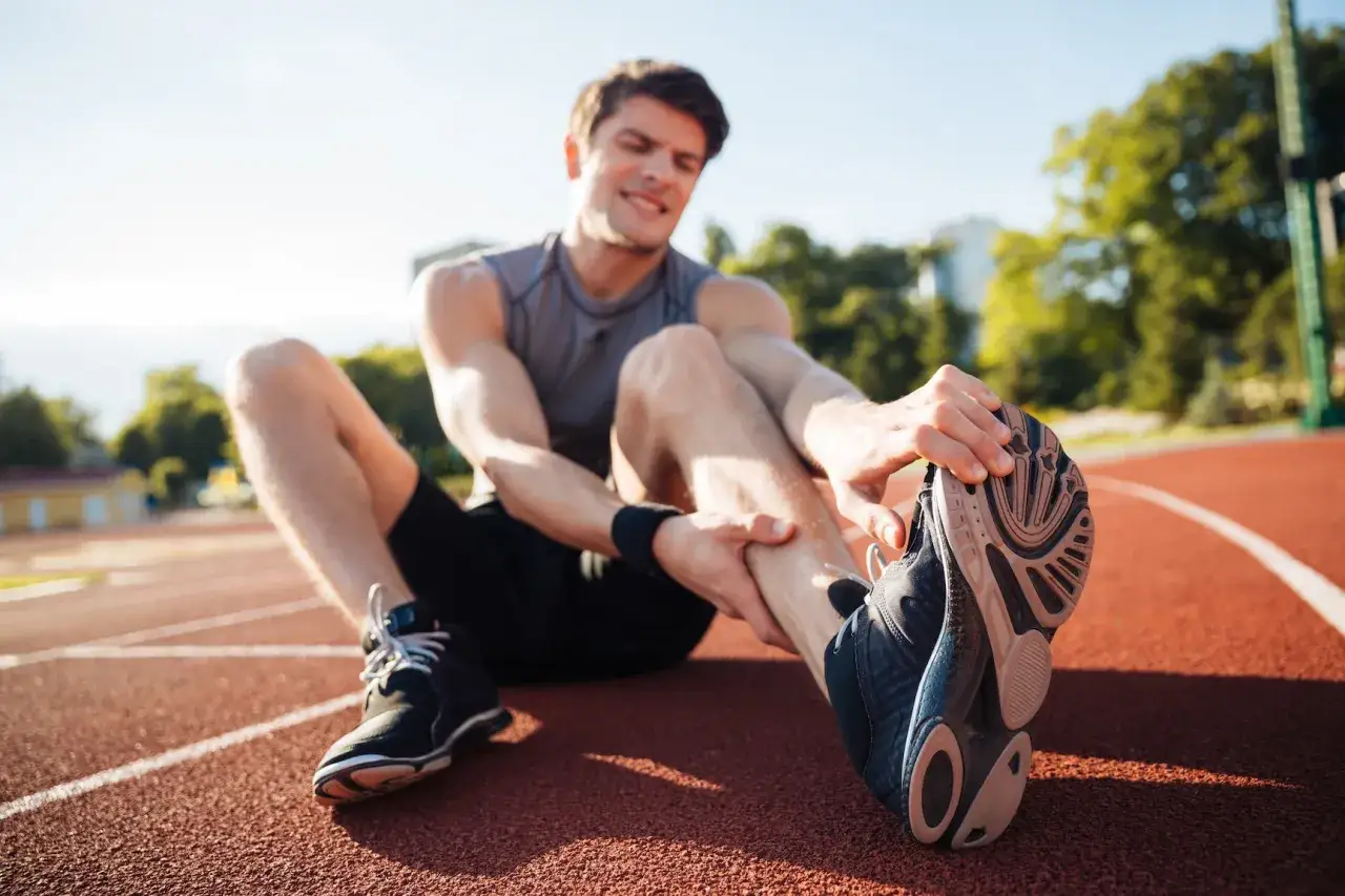Zawodnik na bieżni wykonuje ćwiczenia rozciągające, b&oacute;l łydki sugeruje potrzebę rehabilitacji w sporcie.