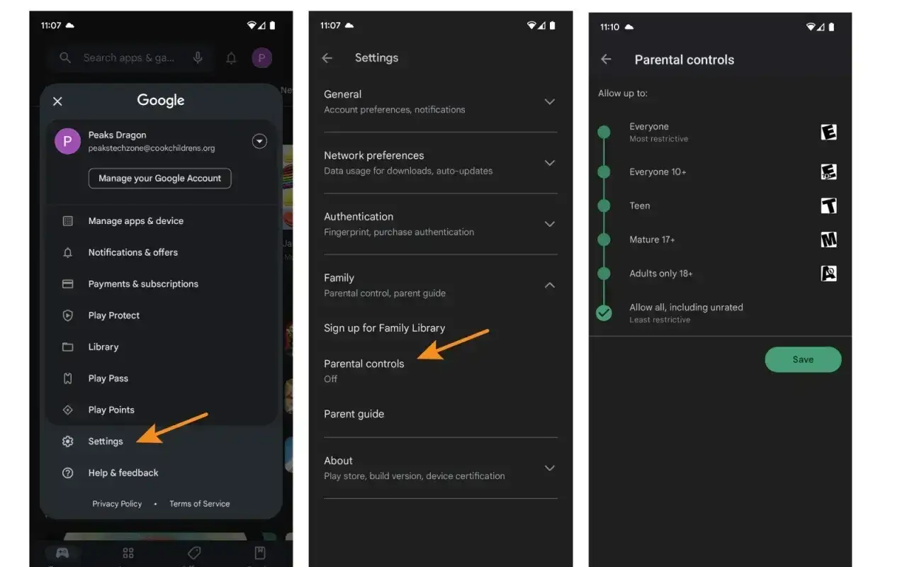 Ustawienia Google Play: kontrola rodzicielska dla bezpieczeństwa dzieci w internecie. Wybierz ograniczenia wiekowe dla aplikacji i gier.