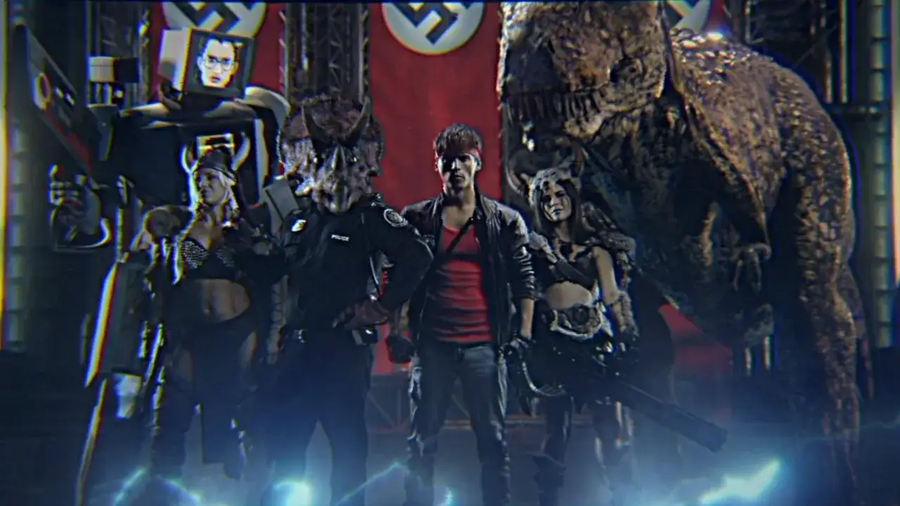 Un polic&iacute;a con cabeza de triceratops, un hombre con chaqueta de cuero y una guerrera junto a un dinosaurio imponente. &iexcl;La acci&oacute;n de **Kung Fury 2** se desata!