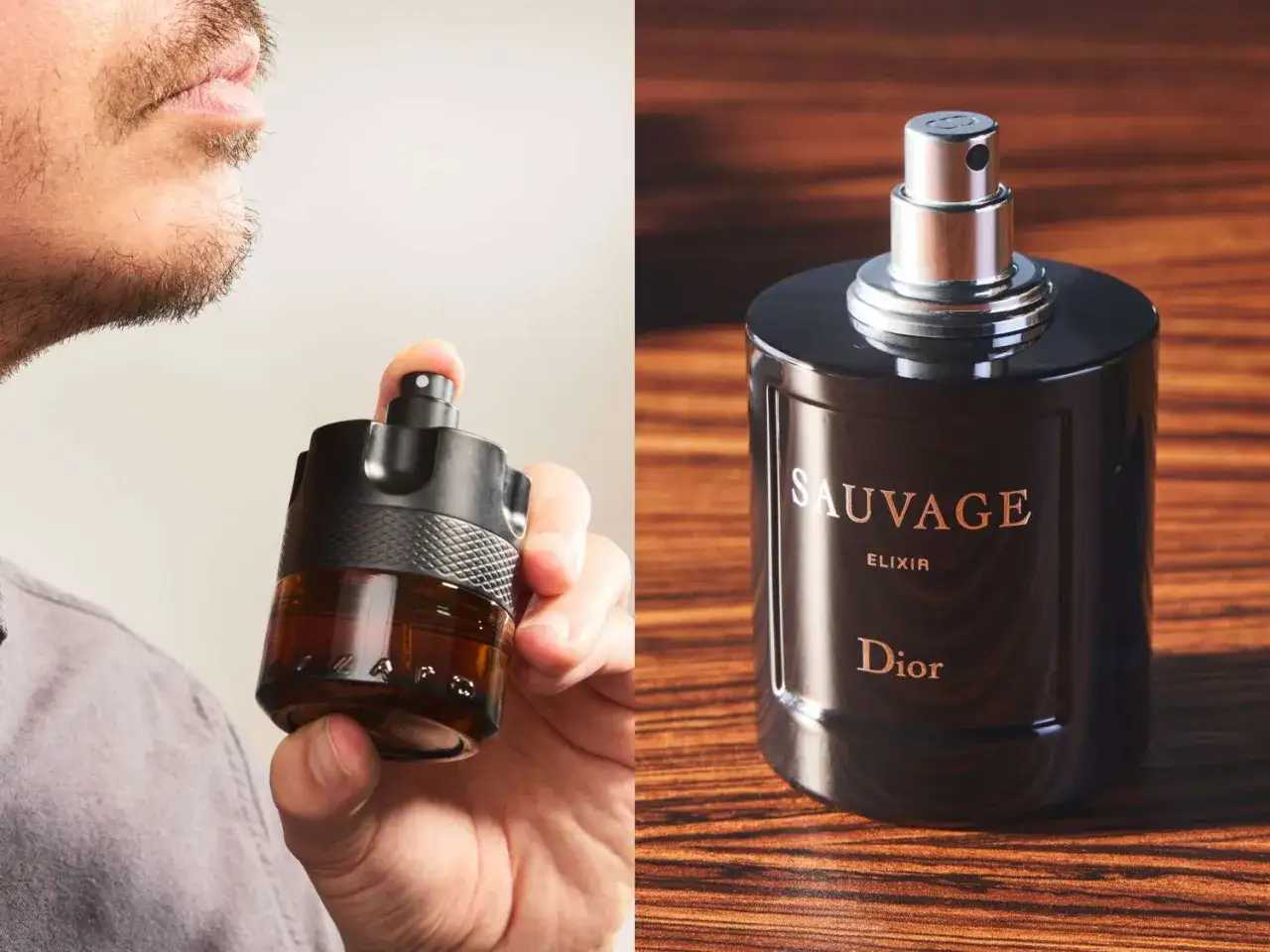 Mężczyzna testuje zapach, szukając najtrwalszych perfum męskich. Obok flakon Dior Sauvage Elixir.