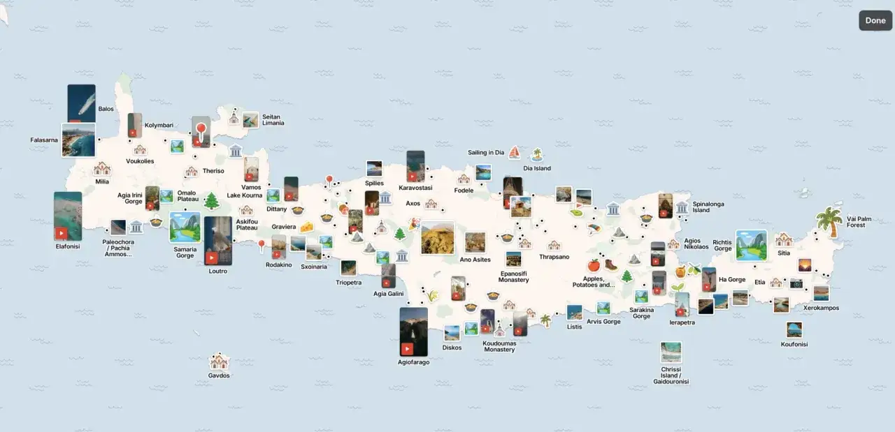 Mapa Krety z zaznaczonymi atrakcjami: plaże, wąwozy, klasztory. Planujesz gdzie na Krecie? Zobacz Balos, Elafonisi, Samarię.