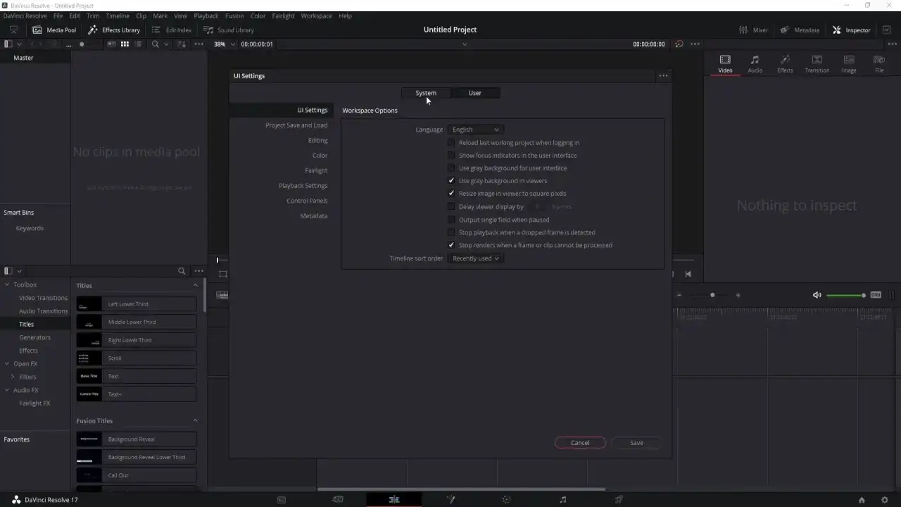 Ustawienia interfejsu w DaVinci Resolve po polsku. Widok okna dialogowego z opcjami systemu i języka.