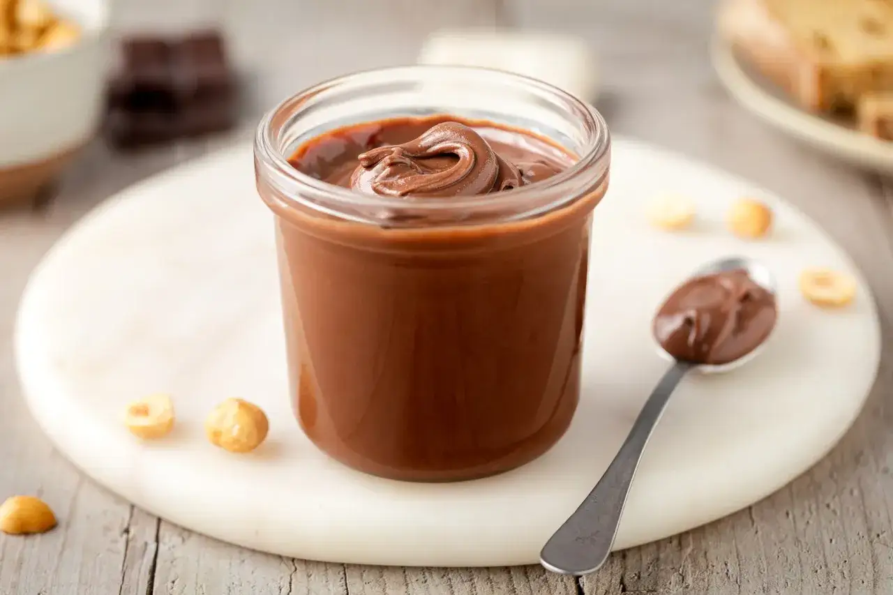 Vasetto di **nutella fatta in casa** cremosissima, con nocciole e cucchiaino pronto per un assaggio goloso.