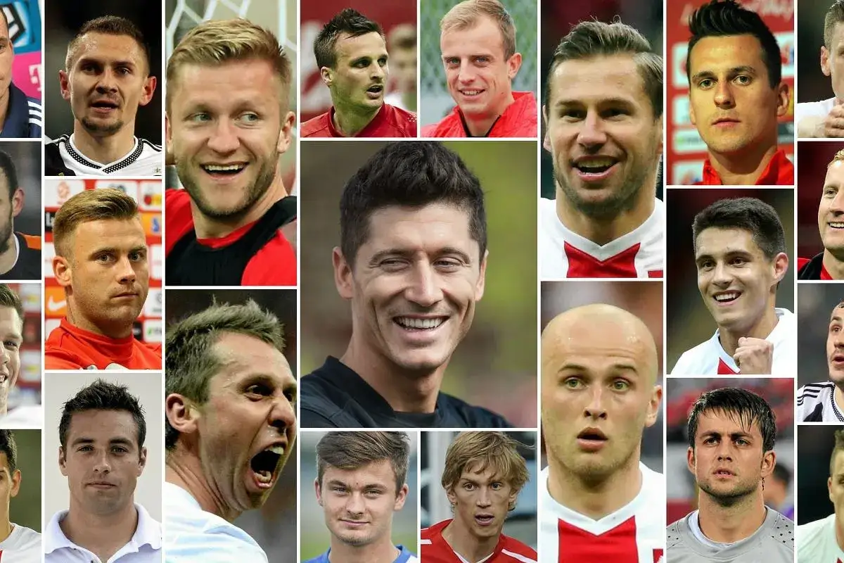 Kolaż twarzy piłkarzy reprezentacji Polski. Robert Lewandowski, który ma najwięcej występów w reprezentacji Polski, jest w centrum.