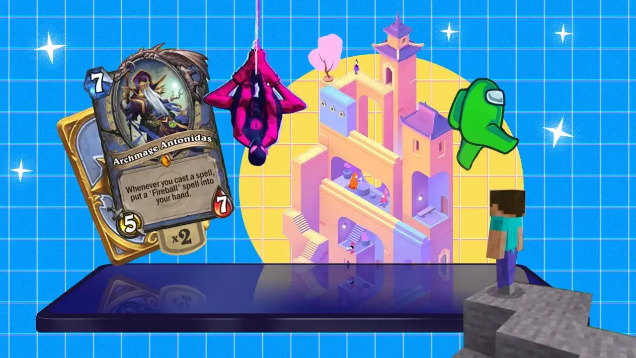 Un aperçu des meilleurs jeux mobile gratuit : Archmage Antonidas de Hearthstone, un personnage d'Among Us, et Steve de Minecraft.