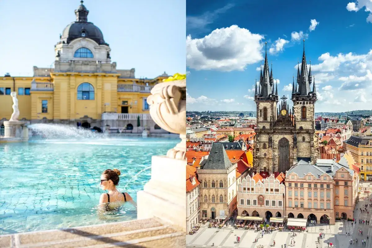 Une femme profite des thermes de Budapest, tandis qu'une vue panoramique de Prague révèle ses toits et sa célèbre église.