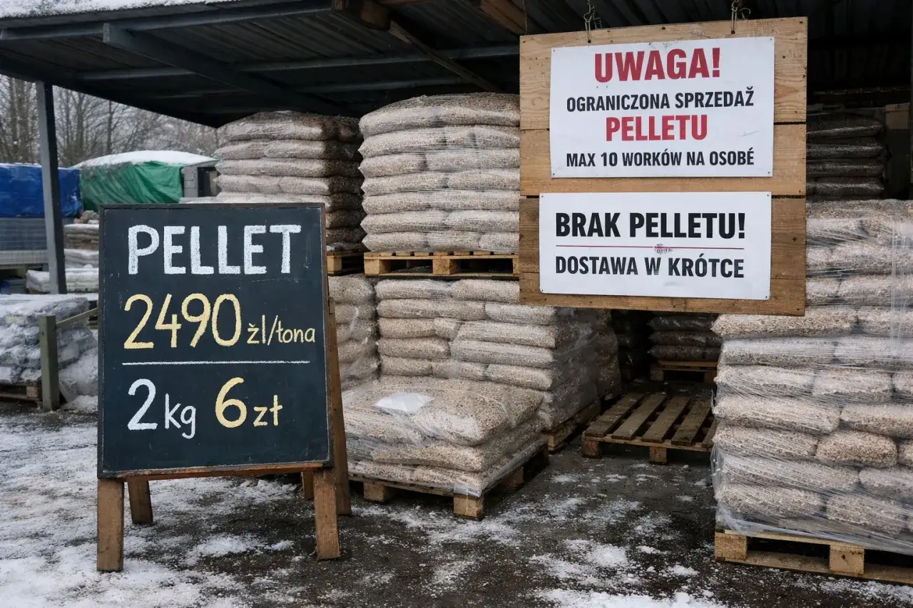 Tablica informuje, że ile kosztuje tona pelletu: 2490 zł. Obok stosy worków z pelletem.
