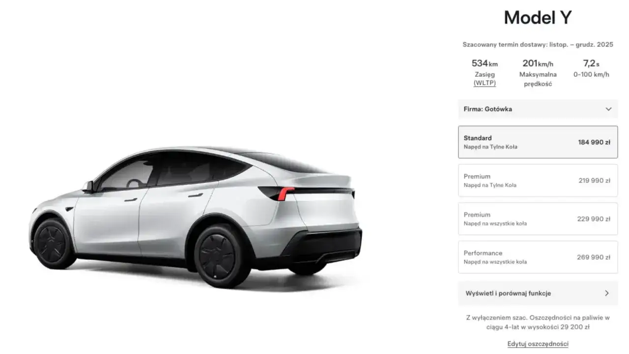 Biała Tesla Model Y. Sprawdź, ile kosztuje Tesla Model Y w różnych wersjach: Standard od 184 990 zł, Premium od 219 990 zł, Performance od 269 990 zł.