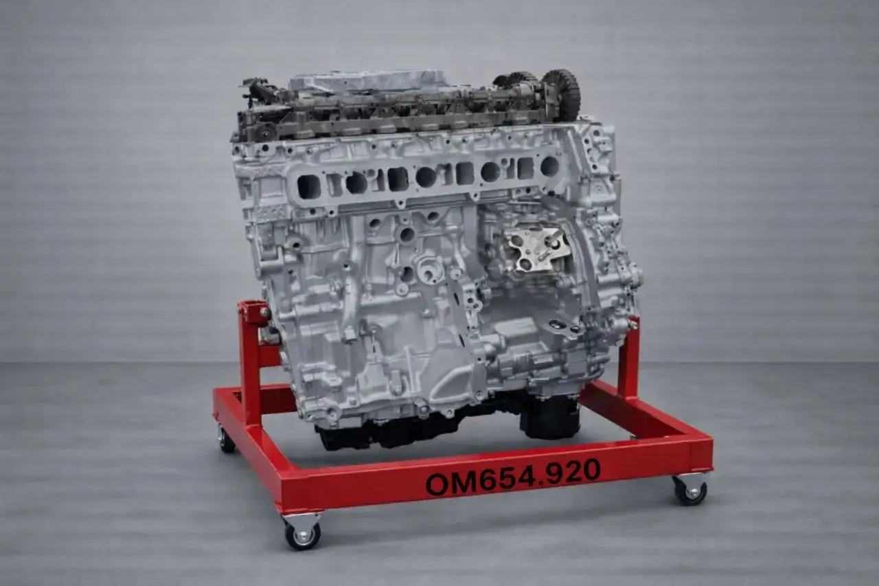 Silnik OM654.920, serce Mercedesa E220d, na czerwonym stojaku.