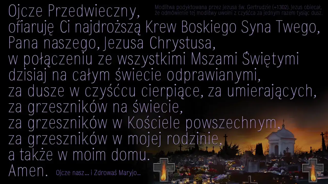 Modlitwa za dusze w czyśćcu cierpiące, umierających i grzesznik&oacute;w. Na tle cmentarza o zmierzchu.
