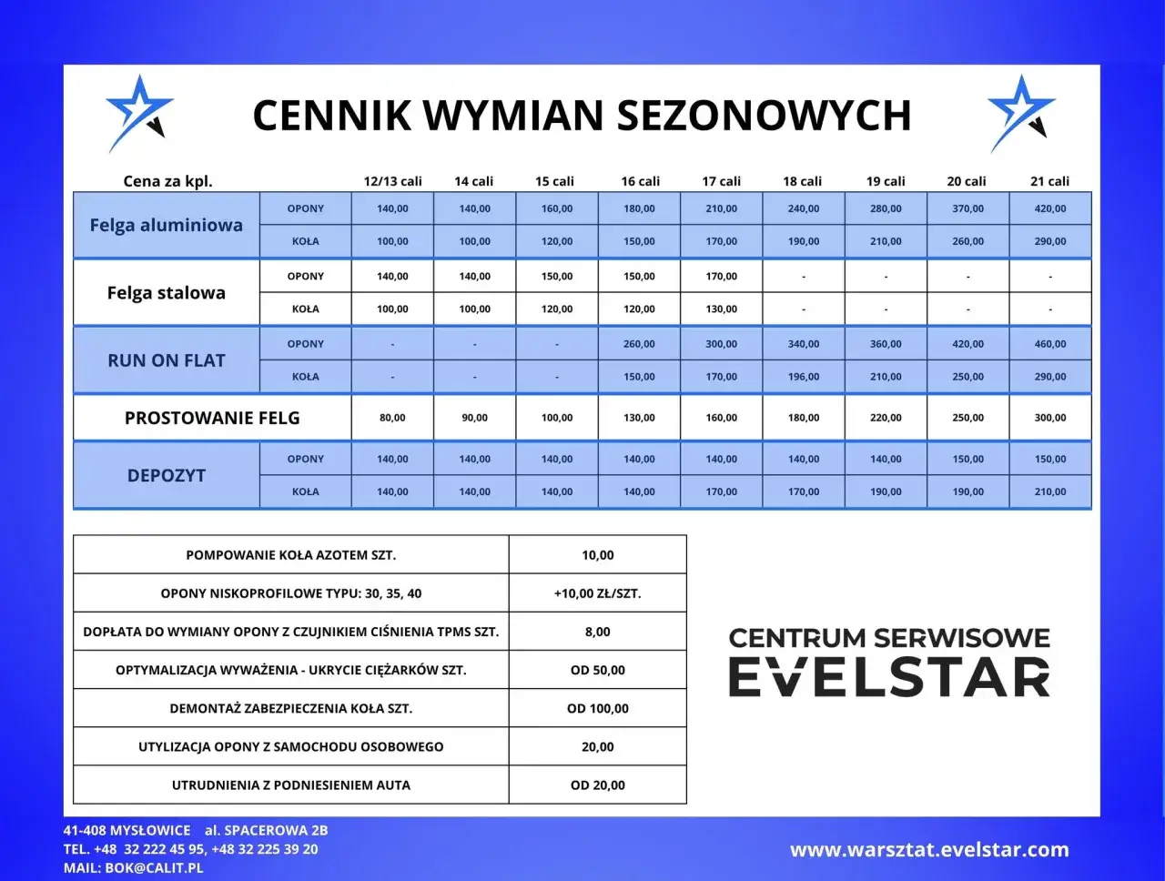 Cennik wymian sezonowych opon i felg. Podane ceny za usługę, np. wymiana opon aluminiowych 140 zł, felgi stalowej 100 zł. Roboczogodzina nie jest tu bezpośrednio podana, ale ceny odzwierciedlają koszt pracy.