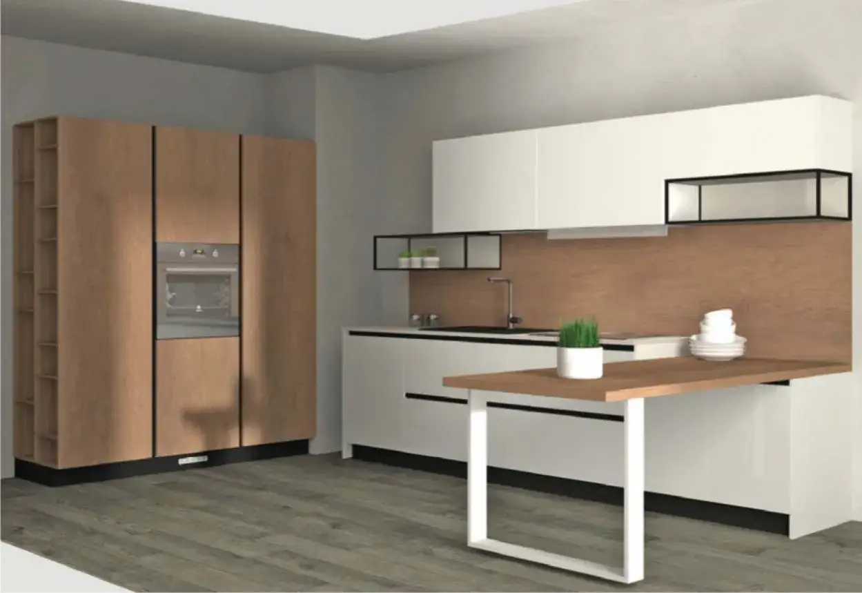 Un moderno progetto cucina 4x3 con mobili in legno e bianchi, piano snack e forno a incasso.