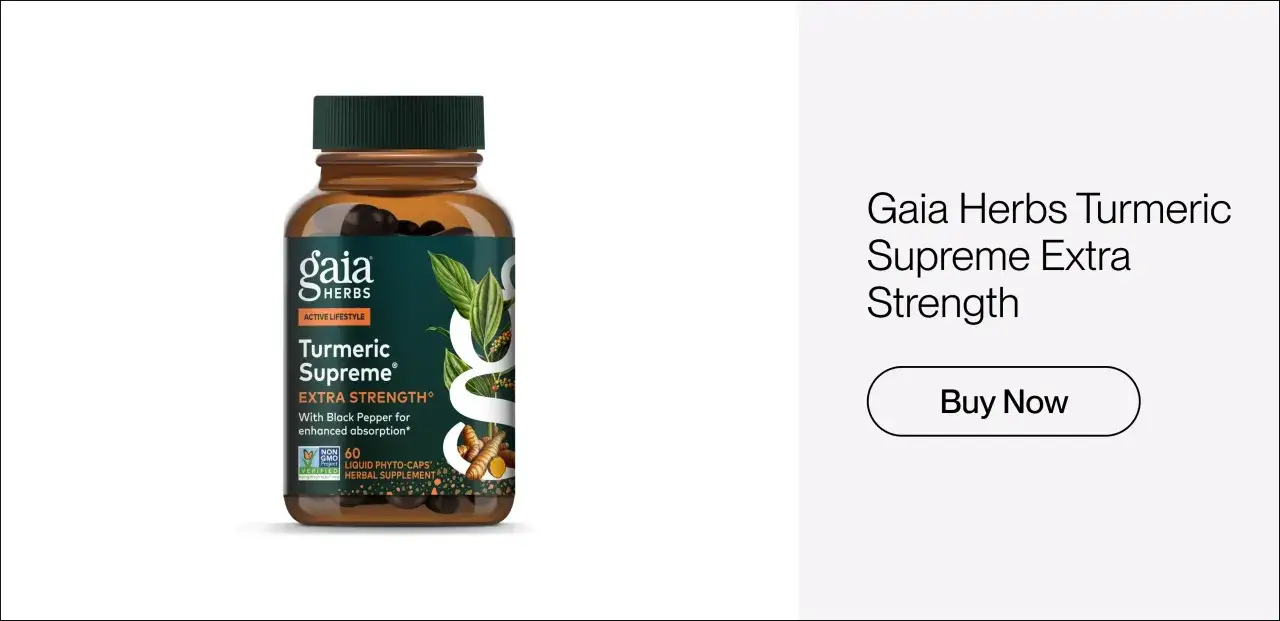 Suplement diety Gaia Herbs z kurkumą, który pomaga w utrzymaniu zdrowia. Opakowanie zawiera 60 kapsułek.