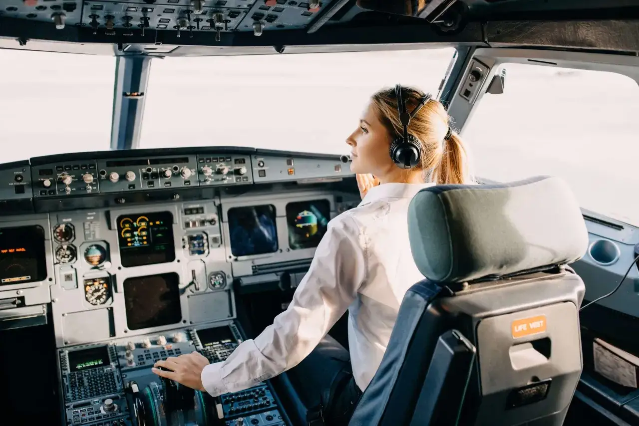 Młoda pilotka samolotu w słuchawkach z mikrofonem, gotowa do startu.