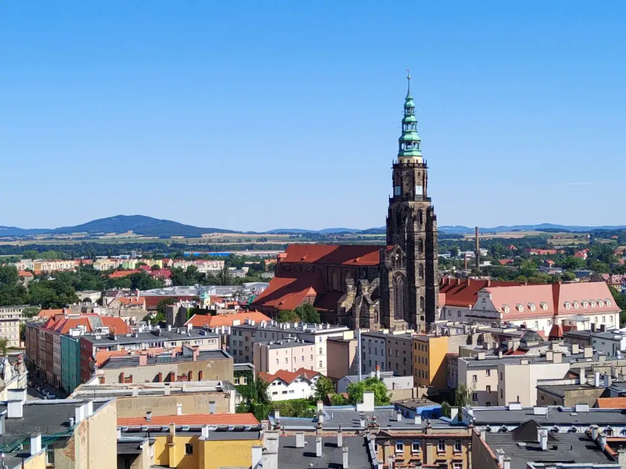 Imponująca wieża ratuszowa w Świdnicy góruje nad miastem, otoczona dachami kamienic i zielenią.