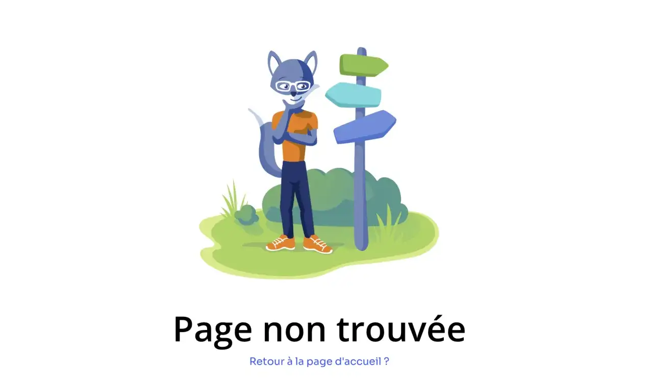 Un renard perdu devant un panneau indicateur, comme si le site Google &eacute;tait inaccessible. Page non trouv&eacute;e.