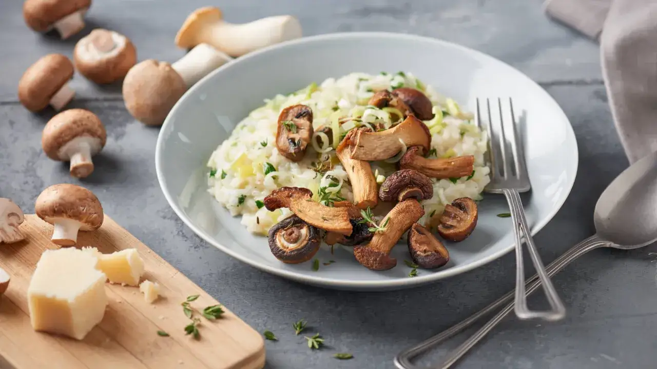 Un crémeux risotto champignon, garni de champignons variés et de poireaux. Un délice automnal.