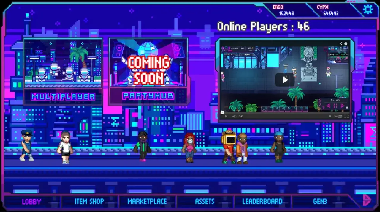 Pixelartowa scena z gry, gdzie gracze mogą brać udział w **grach kryptowalutowych**. Widoczny interfejs z opcjami