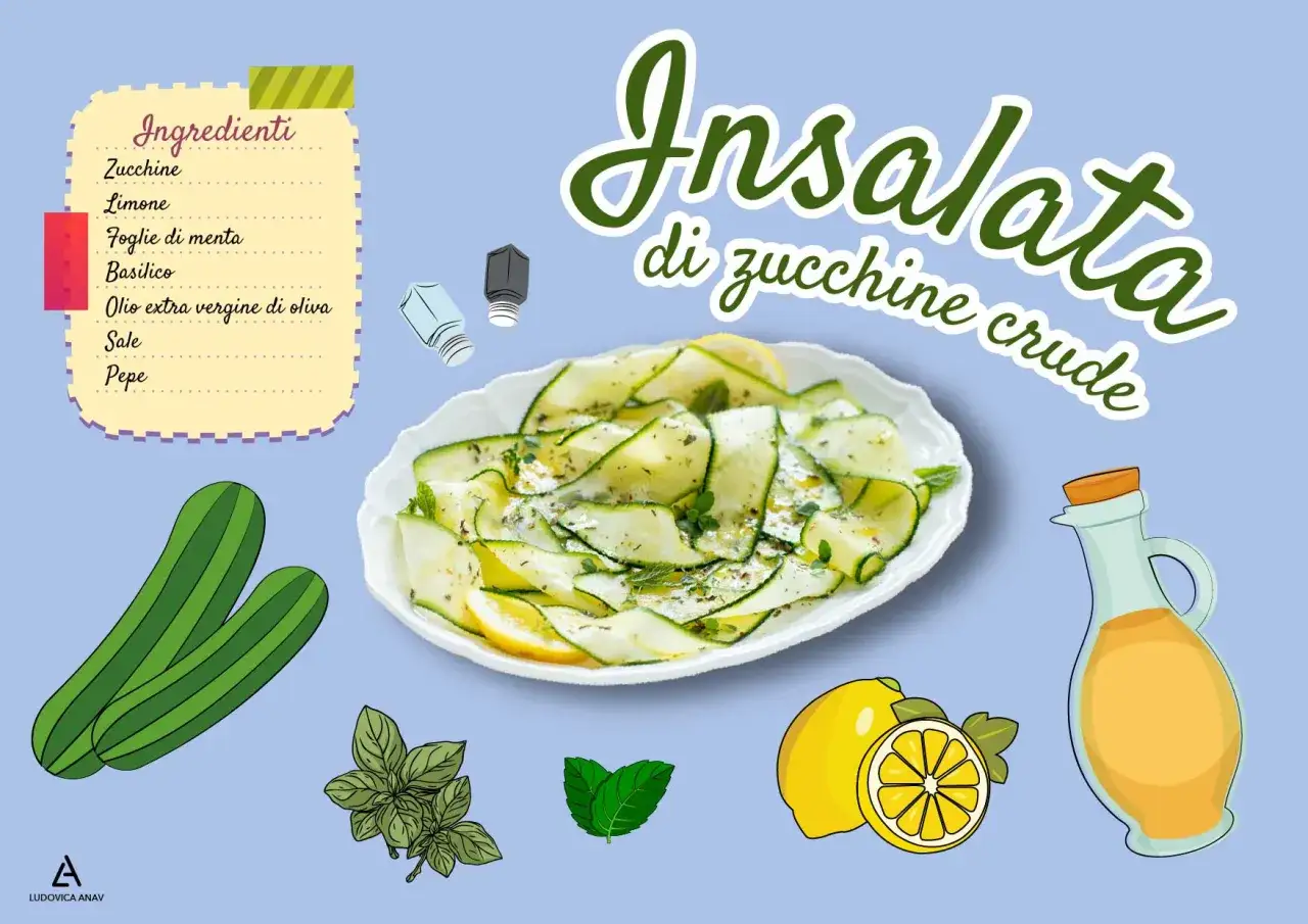 Deliziosa insalata di zucchine crude, condita con limone, menta, basilico e olio EVO. Fresca e leggera, perfetta per l'estate.