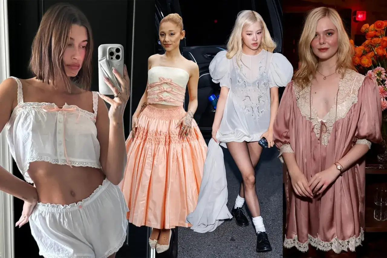 Fyra kvinnor i romantiska outfits, som visar en modern tolkning av coquette meaning med volanger och pastellfärger.