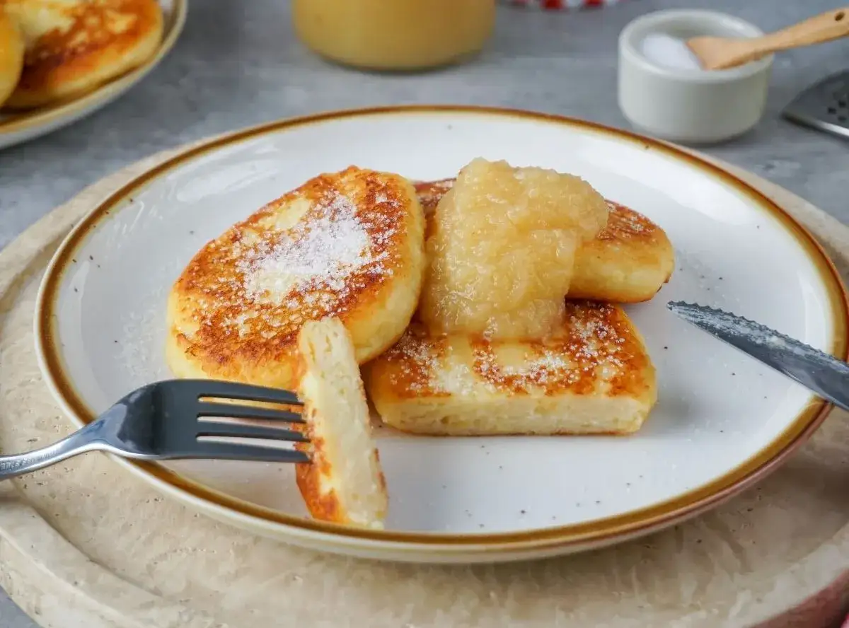 Goldbraune Quarkkeulchen ohne Kartoffeln, bestreut mit Zucker und Apfelmus. Ein Stück wird gerade mit der Gabel herausgenommen.