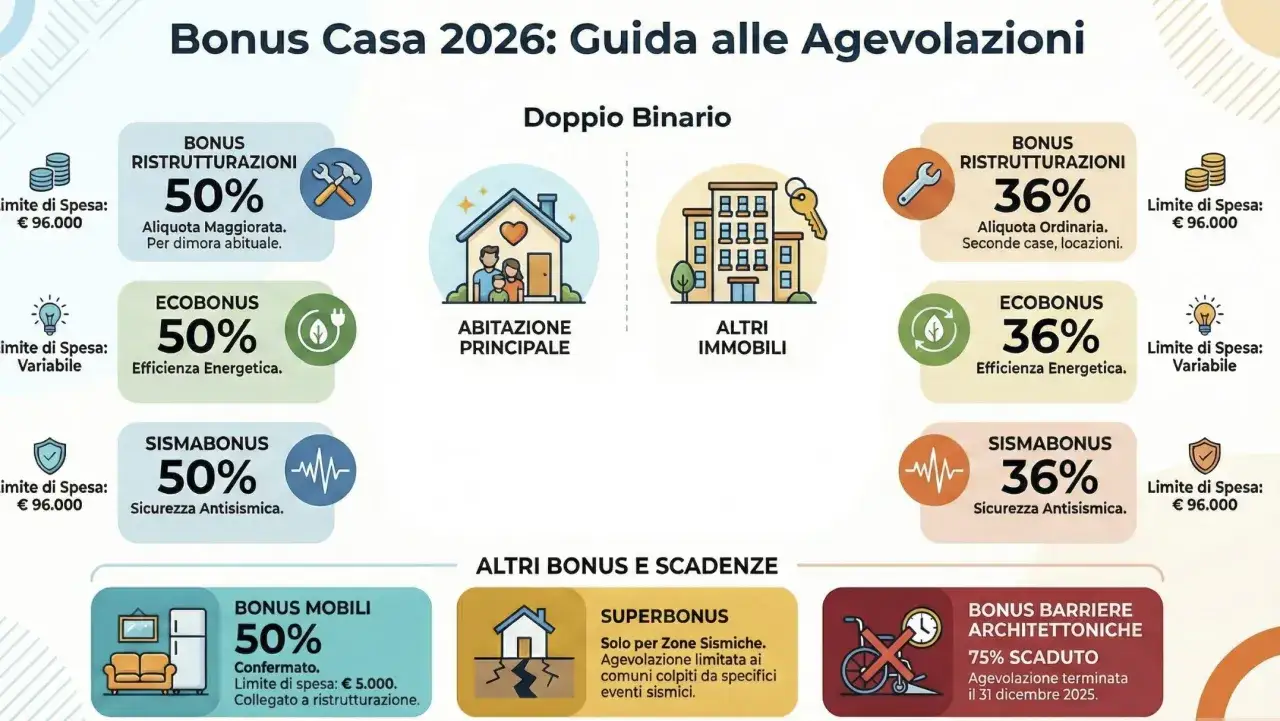 Guida alle agevolazioni fiscali per la casa: bonus ristrutturazione 2026 ultime notizie, ecobonus, sismabonus e bonus mobili con percentuali e limiti di spesa.