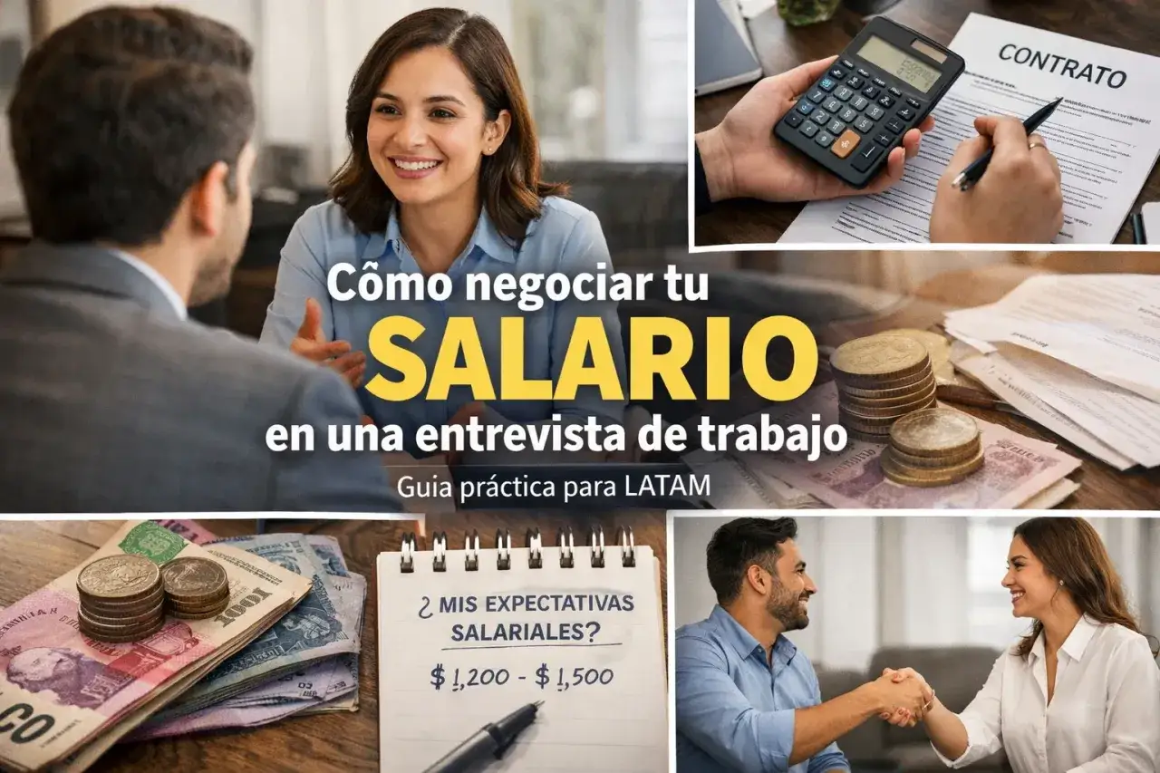 Gu&iacute;a para saber c&oacute;mo negociar tu salario en una entrevista de trabajo. Muestra dinero, calculadora, contrato y personas en di&aacute;logo.