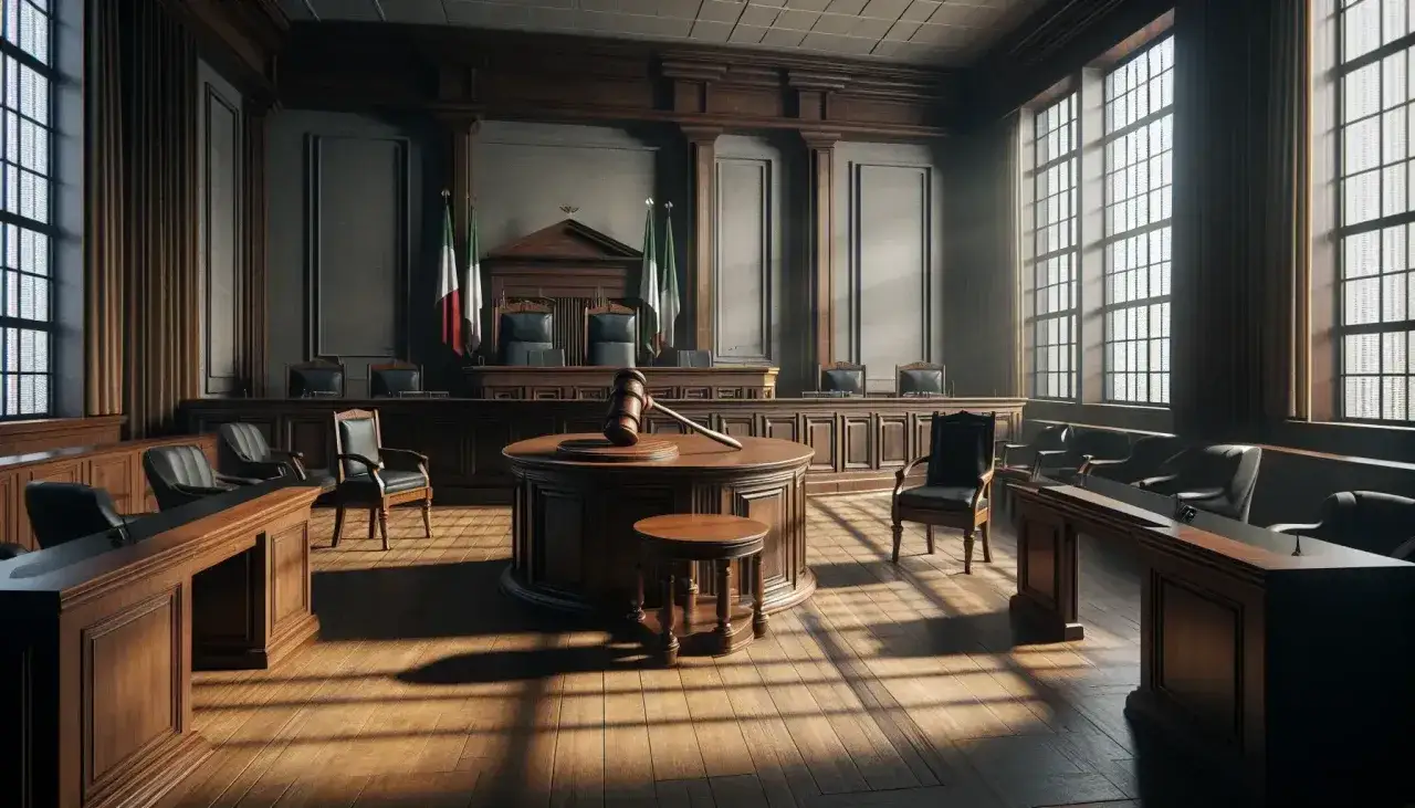 Aula di tribunale con bandiere italiane e martelletto del giudice. Il gup significato &egrave; qui, dove la giustizia prende forma.