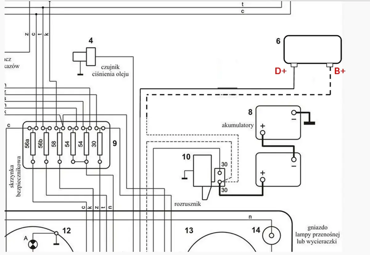 Schemat elektryczny ciągnika C-330. Pokazuje jak podłączyć regulator napięcia do prądnicy, uwzględniając skrzynkę bezpieczników i akumulatory.