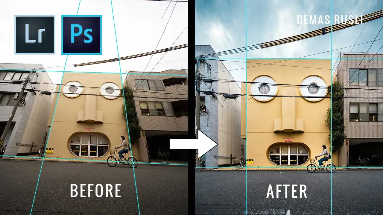 Comparaci&oacute;n de edici&oacute;n de imagen con perspectiva photoshop. Edici&oacute;n de edificios y ciclista.
