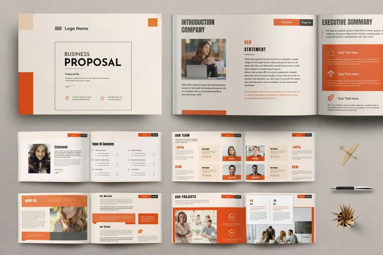 Modern proposal design ideas showcase a business proposal layout with sections for executive summary, team, and projects.