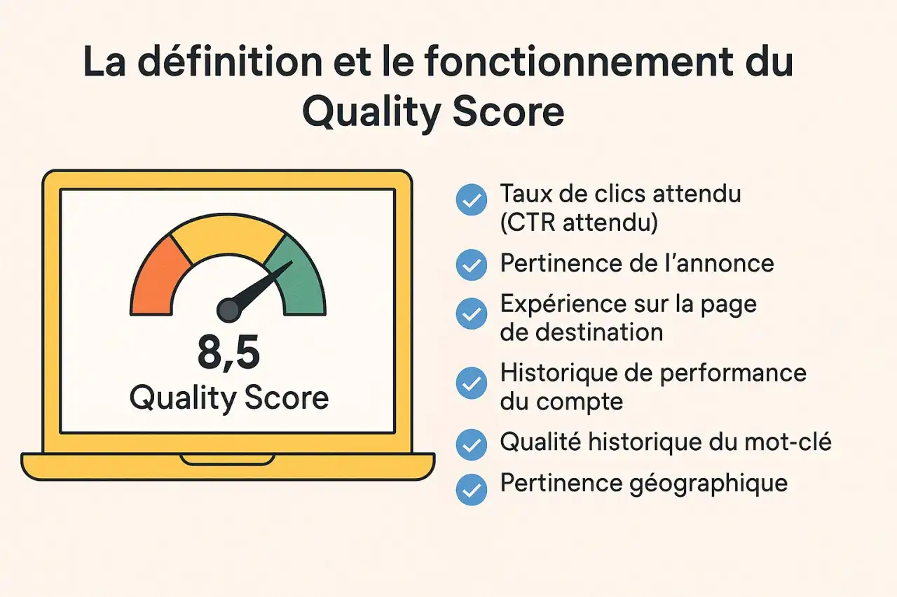 Indicateur de performance : 8,5/10 pour le score de qualité Google Ads, basé sur le CTR, la pertinence et l'expérience utilisateur.