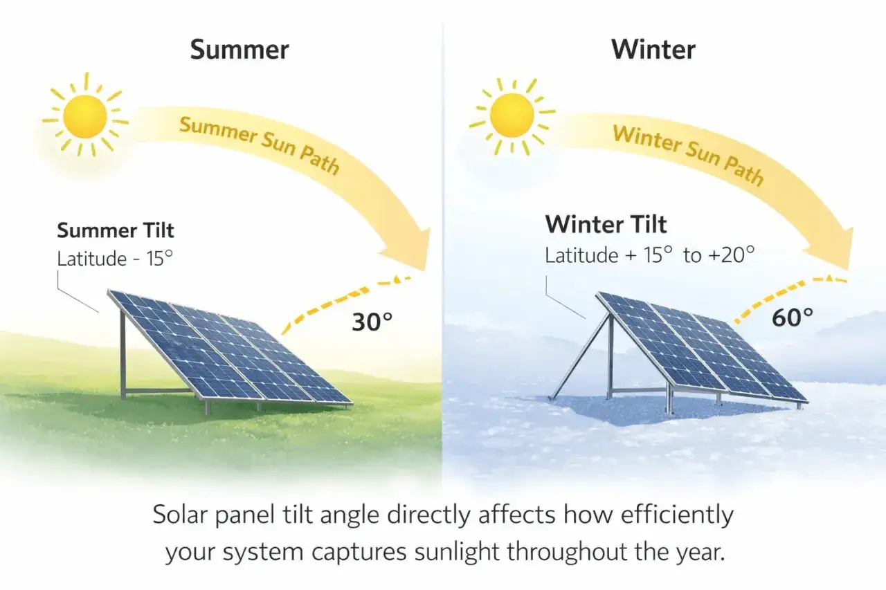 El origen de la energ&iacute;a solar se ilustra con paneles solares en verano e invierno, mostrando c&oacute;mo el &aacute;ngulo de inclinaci&oacute;n optimiza la captura de luz solar.