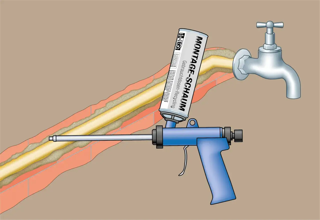 Montageschaum-Pistole f&uuml;llt Hohlr&auml;ume um Wasserleitung, um sie frostsicher zu isolieren.