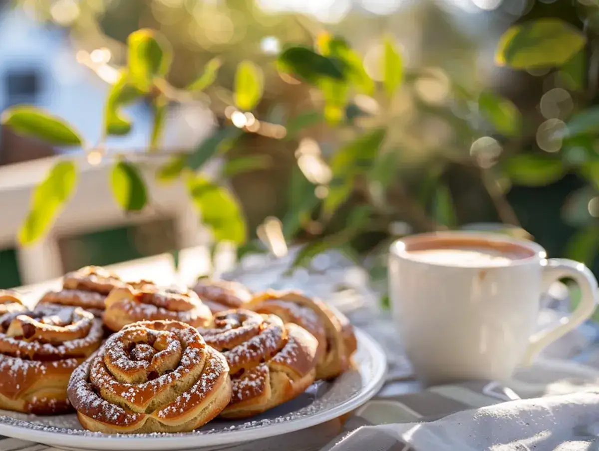 En tallrik med kanelbullar och en kopp kaffe creme i solljus.