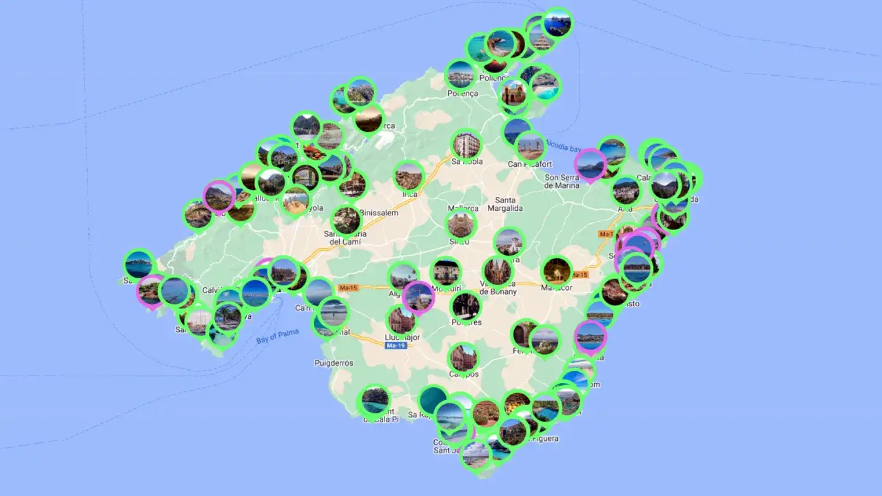 Majorka mapa z zaznaczonymi atrakcjami turystycznymi i zdjęciami.