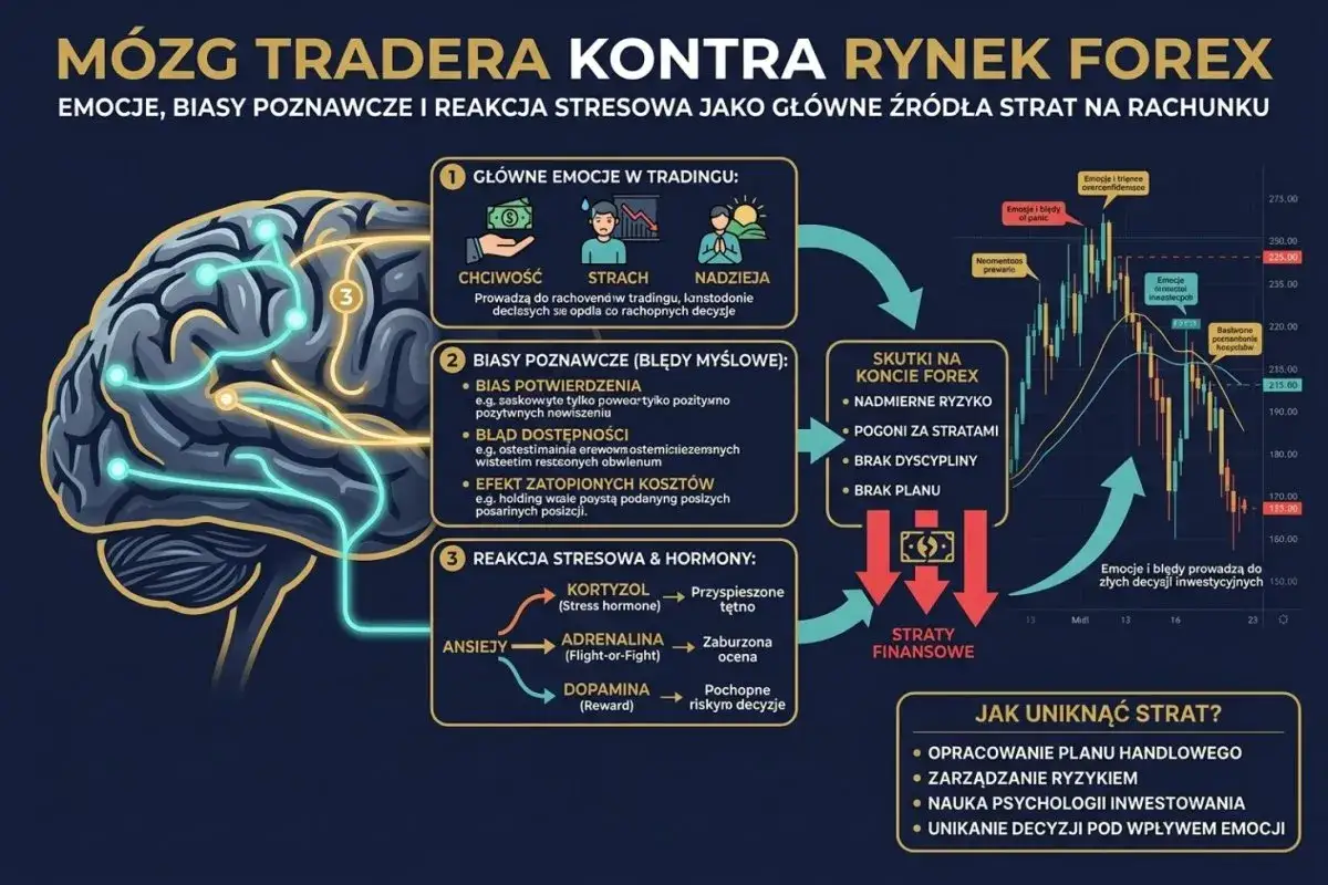 Mózg tradera kontra rynek Forex: emocje, biasy i stres prowadzą do strat. Afirmacja i nauka psychologii pomogą uniknąć błędów.