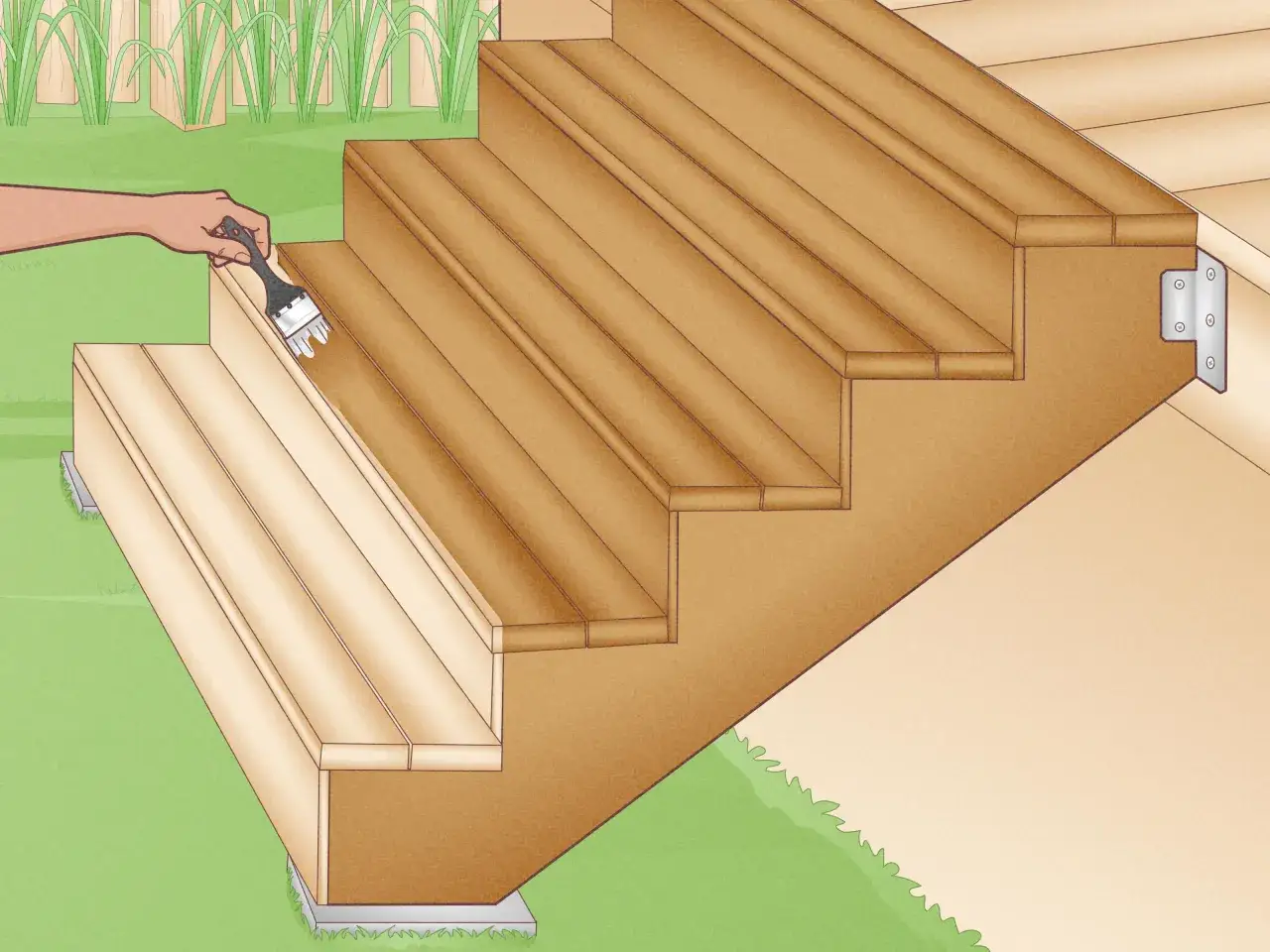 Paso a paso para como hacer un porche de madera: una mano aplica sellador a los escalones de madera recién construidos.