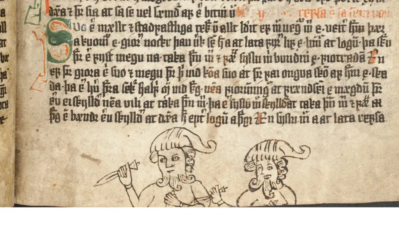 Tv&aring; tecknade figurer med hattar och sk&auml;gg, som om de vore h&auml;mtade ur Saxo Grammaticus verk. En h&aring;ller en kniv.