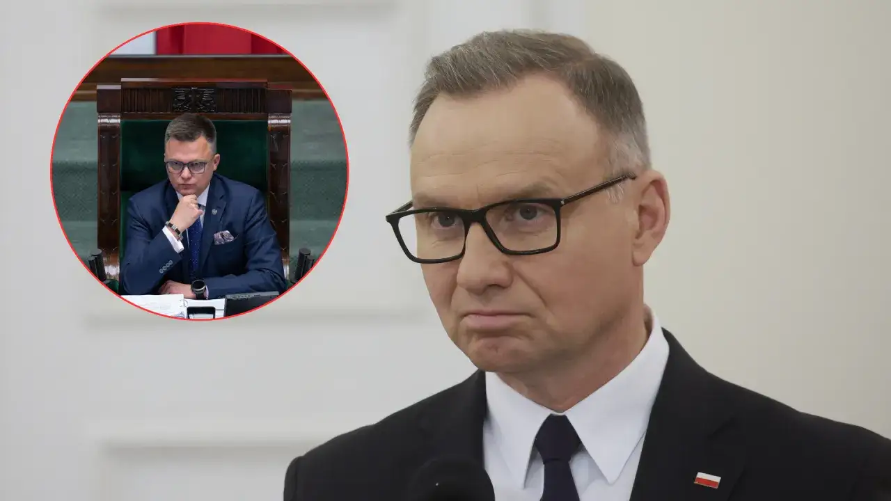 Prezydent Duda w okularach, z lewej strony w kółku widać go siedzącego w fotelu marszałka. Gdzie jest dzisiaj prezydent duda?
