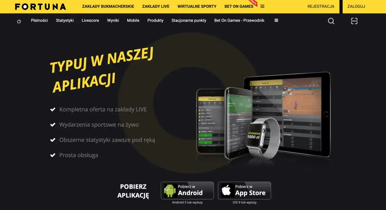 Aplikacja Fortuna oferuje kompleksową ofertę zakładów LIVE, wydarzenia sportowe na żywo i statystyki. Wybierz Fortuna, a nie STS czy Fortuna, by mieć wszystko pod ręką.