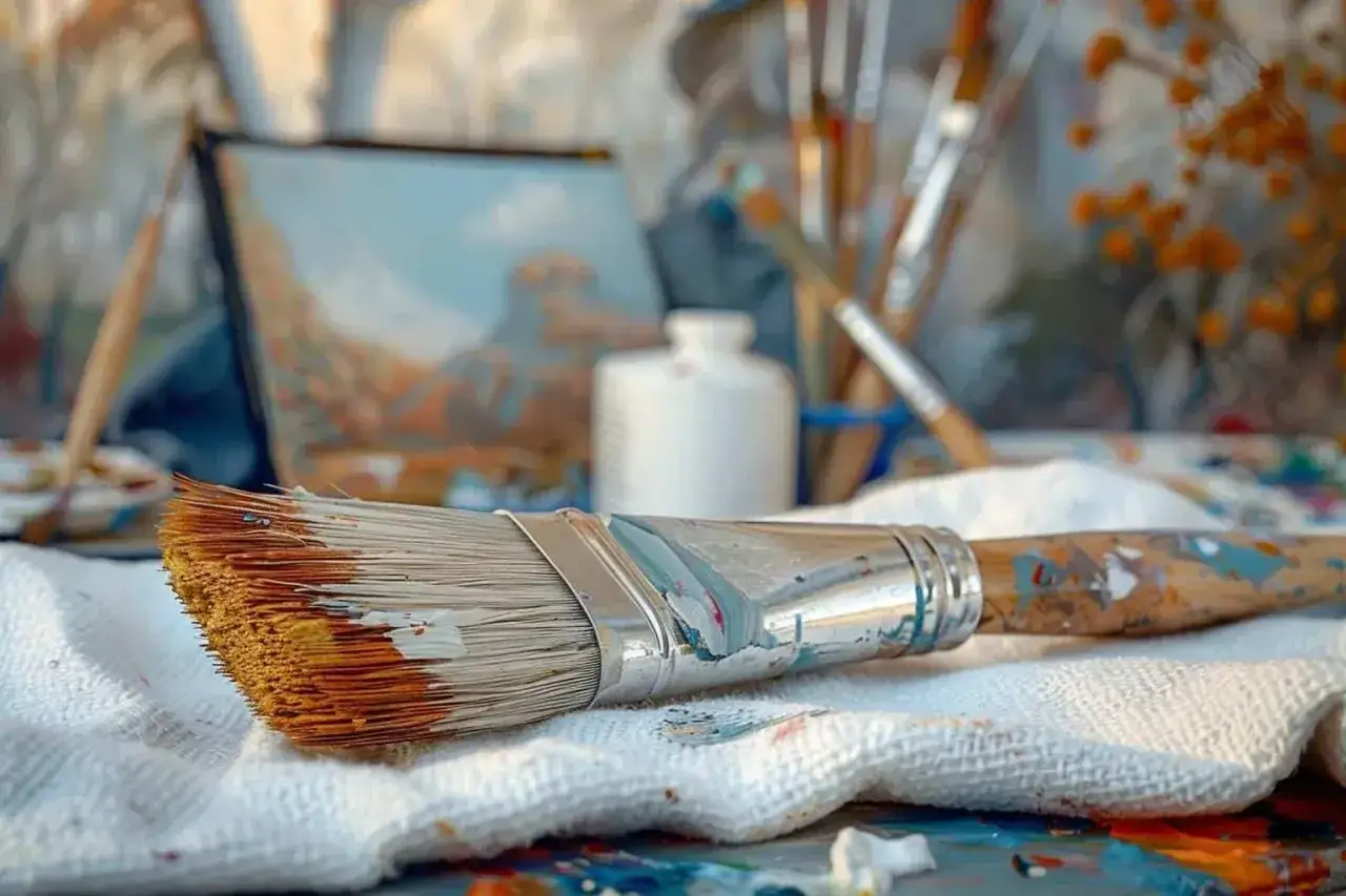 Un pinceau à moitié nettoyé, prêt pour l'huile de lin. Des peintures et d'autres outils d'artiste en arrière-plan.