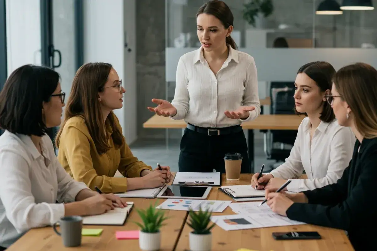 Un equipo de mujeres emprendedoras famosas colabora en una reuni&oacute;n, discutiendo estrategias y planes de negocio.